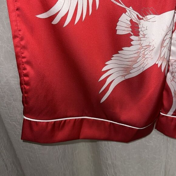 DALIA MACPHEE M & L Red White Satin Ibis Bird Print Long Sleeve Long Pant PJ Set - Picture 14 of 16